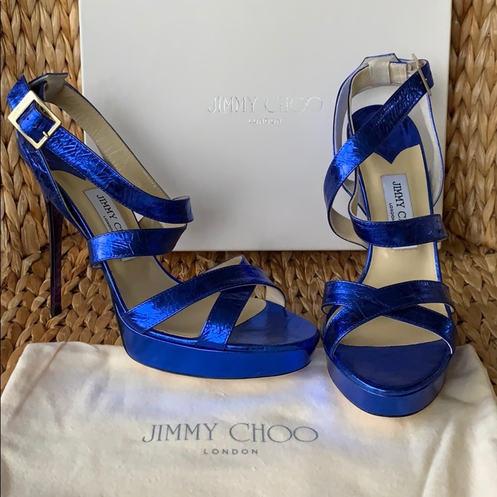 NIB Jimmy Choo Blue Metallic Leather Platform 41